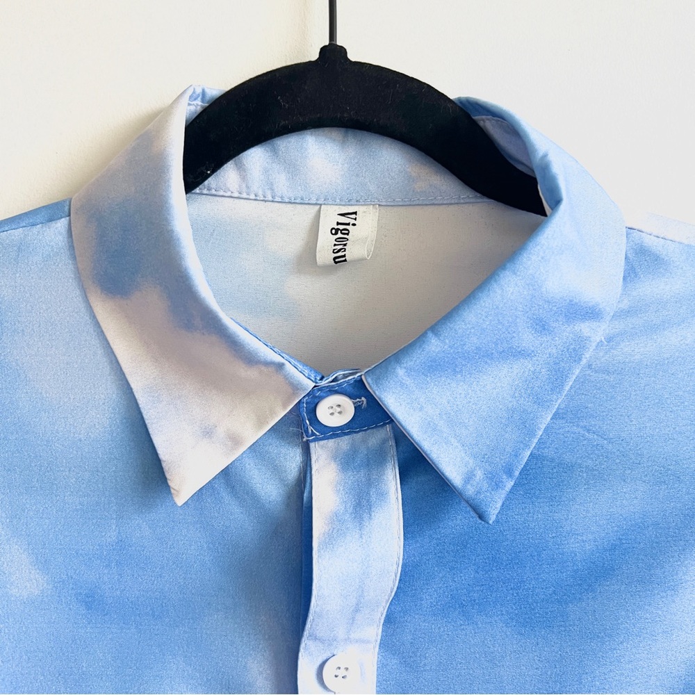 Cloud Blue White Print Oversized Button Down Shir… - image 2